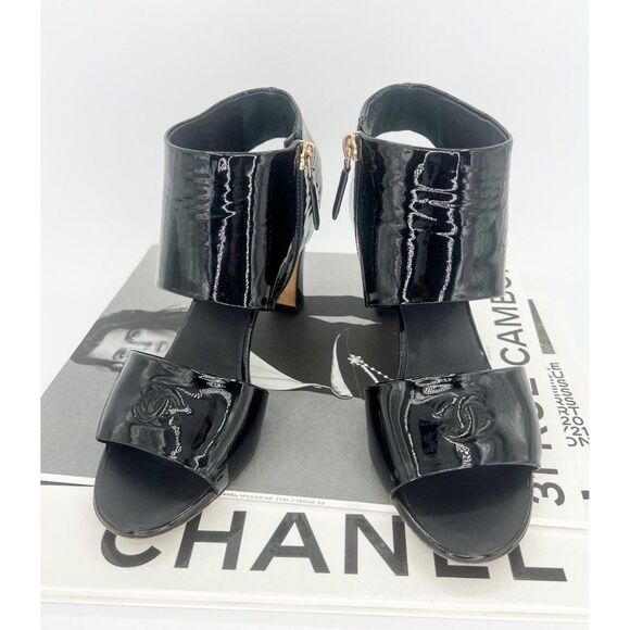 CHANEL Black Patent Leather CC Logo Open Toe Ankle Strap Sandals Size EU… - Picture 4 of 13